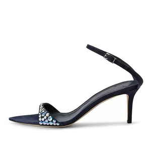 Sandales pour femmes à talons aiguilles moyens, à bout ouvert pointu, à lanière cheville, ornées de diamants colorés, pour soirée - Product Image 3