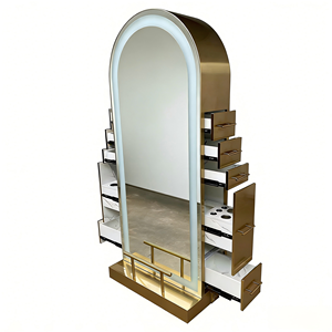 Espejo de Barbería de Doble Cara de Acero Inoxidable Dorado para Salón de Peluquería con Almacenamiento y Cajón - Product Image 2