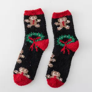 Custom Logo Christmas Women Coral Fleece Velvet Fuzzy Indoor Socks Red Christmas Stocking