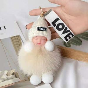 Porte-clés en peluche 3D mignon bébé endormi, pendentif pompon en fourrure de lapin, breloque de sac à main, cadeaux de Noël - Product Image 6