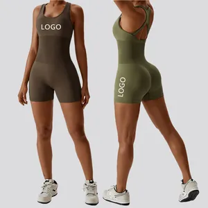 Combinaisons De Grande Taille Custom Brand High Stretch Soft Smooth Yoga Playsuit Short Sleeve Seamless Workout Gym Jumpsuit