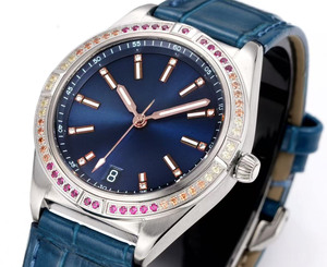 Montre de luxe élégante avec logo OEM, cadran 36 mm, bracelet en cuir et acier inoxydable, étanche, lunette sertie de diamants colorés - Product Image 2