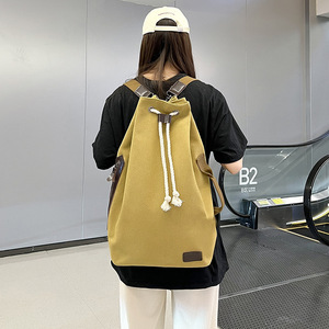 <b>Drawstring</b> <b>Backpack</b> Canvas Unisex Large Capacity Sports Travel Bag Detachable Strap Solid Color Khaki Black Light Gray - Product Image 4