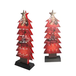 Exibição de cartão do árvore de natal, suporte vermelho da árvore do natal com ganchos plásticos do metal para cuidados da pele