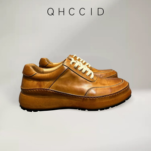 Men's Genuine <b>Leather</b> Casual Shoes Brown Thick Sole Lace-Up Mid-Heel Height Increasing Fashionable Handmade <b>Sneakers</b> - Product Image 4