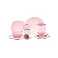 Service de table en grès de 16 pièces, rose pâle, assiettes carrées à bordure, bols, tasses, passe au micro-ondes, céramique à glaçure unie