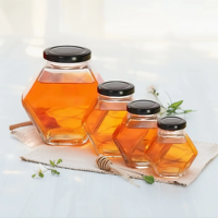 Pot en verre hexagonal transparent vide de 100 ml, 180 ml, 280 ml, 380 ml pour confiture, cornichons, sauce chili, bonbons, miel avec couvercle métallique