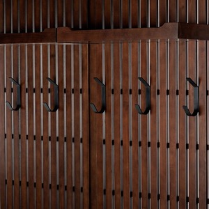 Appendiabiti Moderno in Legno di <span class=keywords><strong>Noce</strong></span> con Ganci in Ferro e Panca, Attaccapanni con Rivestimento in Impiallacciatura Nera, Organizzatore per Ingresso e Soggiorno - Product Image 2