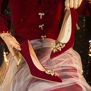 Red Bride Two Wear Not Tired Feet Xiuhe Main Wedding Dress Heel Shoes Comfortable Chunky Plus Size High Heels - Product Image 2