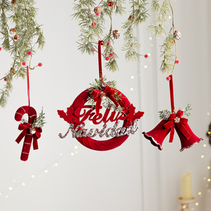 Red Flocked Christmas Wreath Ornaments Set Velvet Bell <b>Candy</b> <b>Cane</b> Bow Hanging Decor for Christmas Tree Door Holiday - Product Image 1