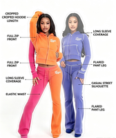 Ensemble 2 pièces pour femme OEM ODM en molleton 100 % coton, comprenant un sweat à capuche zippé imprimé décontracté et un pantalon évasé, longueur standard, col marin
