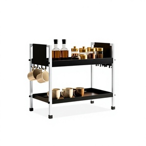 Étagère de rangement métallique à double niveau avec crochets pour tasses, pour vaisselle de cuisine, design minimaliste, type sur pied, finition peinture laquée durable - Product Image 6