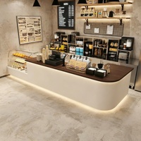Meja Bar Kombinasi Kayu dan Batu Bergaya Rustic Modern dengan Lampu LED Ambient untuk Konter Resepsionis Kedai Kopi, Kue, Roti, dan Bakery