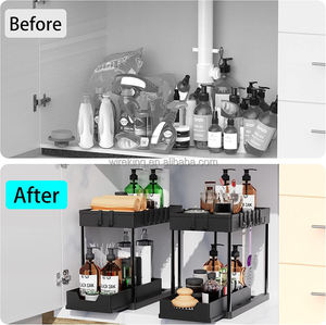 सिंक आयोजकों के तहत 2-स्तरीय स्लाइडिंग कैबिनेट बास्केट आयोजक और बाथरूम रसोई के लिए हुक के साथ भंडारण - Product Image 6