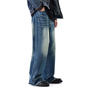 Wide Leg Distressed Denim Jeans High Waist Loose Fit Cotton Washed Casual Men's Style Spring Wear - Product Image 4