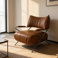 Fauteuil de lecture moderne en cuir marron, écologique, capitonné, avec accoudoir unique, structure métallique, inclinable, pour la maison, le bureau, la bibliothèque