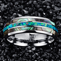 Poya nouveau Design argent 8mm dôme tungstène hommes anneaux chrétiens bandes de mariage coquille d'ormeau et opale marine incrustation cadeau parfait