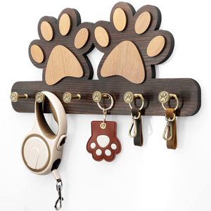 Wooden Paw Print Wall Rack With <b>Hooks</b> For Dog Leash And Collar Storage Home Entryway Organizer - Product Image 1