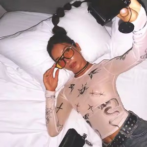 Mùa Hè Phụ Nữ Biểu Tượng Tùy Chỉnh Trong Suốt T-Shirts Dài Tay Áo Crew Cổ Bé Tees Allover In Lưới Cắt Tops - Product Image 2