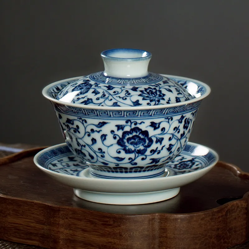 Cuenco cubierto de cerámica Zhongjiayao, horno Jingdezhen Chai, juego de tazas de té Kung Fu de estilo chino azul y blanco, cuenco cubierto de cerámica