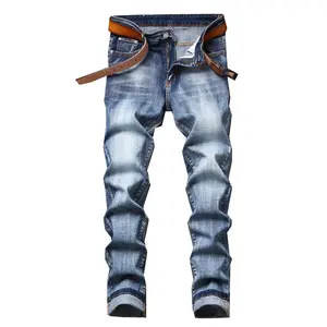 Европейские и американские новые мужские облегающие джинсовые брюки стрейч синего цвета с кошачьими венчиками