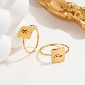 Simple Anniversary Rings Custsomize Blank Square Engravable Simple Bands Women's Stainless Steel Gold Promise Rings for Women