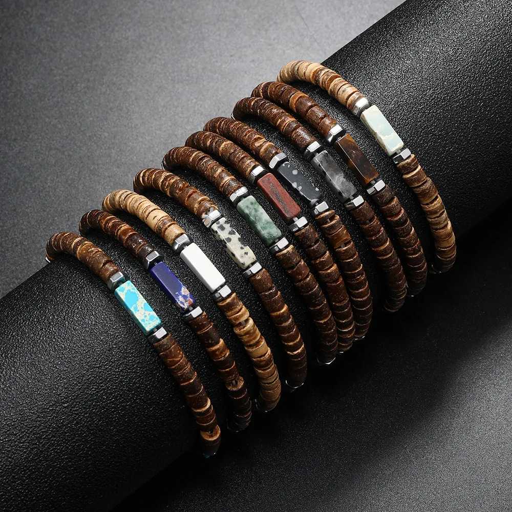 2024 bohemian summer beach style 10 different natural square stone beads brown coconut shell bracelet for men and women