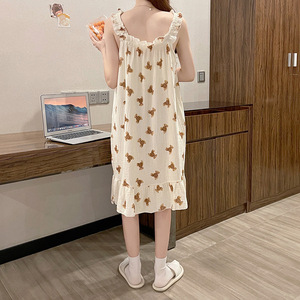 Tête d'ours <span class=keywords><strong>chemise</strong></span> <span class=keywords><strong>de</strong></span> <span class=keywords><strong>nuit</strong></span> femmes été bretelles un cou pyjamas <span class=keywords><strong>coton</strong></span> mince mignon filles maison porter - Product Image 4