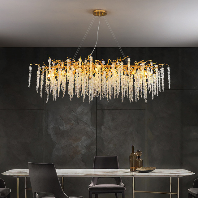 PM Luxury Aluminum Branch Shaped Tassels Crystal Chandelier French Modern Dining Island Pendent Light Villa Living Room Art Lamp