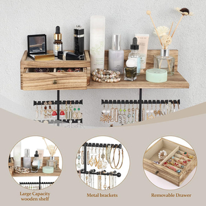 Organisateur de bijoux personnalisé à suspendre au mur avec tiroir en bois rustique et étagère de rangement grande capacité - Product Image 2