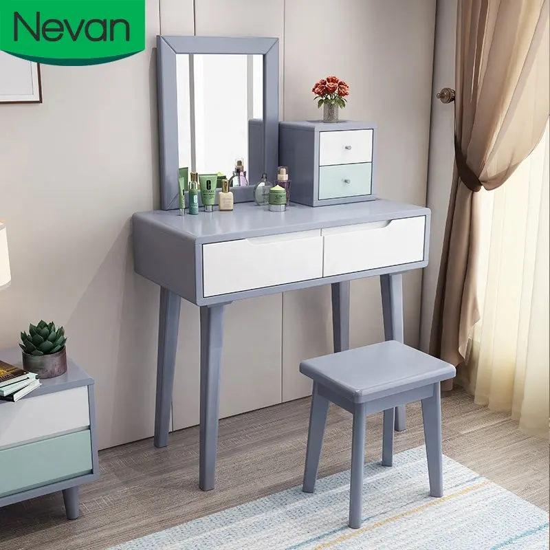 Tocador de madera con espejo y taburete, mueble minimalista y moderno de estilo nórdico, color gris claro, para maquillaje