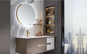 Mueble de Baño Moderno Beige Acanalado con Gabinetes Abiertos Grises, Conjuntos de Muebles de Baño al por Mayor con Lavabo y Grifo - Product Image 6