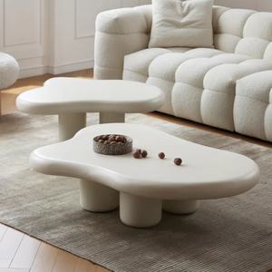 Juego de Mesa de Centro Moderna para el Hogar, Diseño de Mesa de Centro de Fibra de Vidrio Ondulada en Color Blanco Crema para Sala de Estar - Product Image 1
