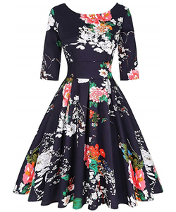 Robe décontractée pour femmes, style rétro vintage, imprimé floral, manches courtes, col bateau, robe évasée - Product Image 2
