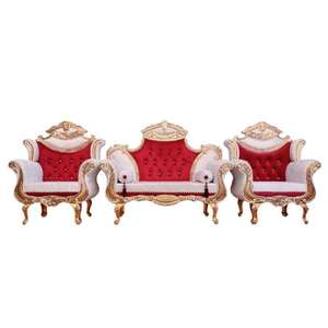 Luxury Royal Wedding Stage <b>Sofa</b> Set – <b>Gold</b> Carved Wooden Bridal Couch with 2 King Chairs Handmade Bulk Product - Product Image 1