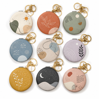 Leather Keychain Mirror Custom Logo Luxury Leather Print Mirror Keychain PU Leather Round Folding Makeup Mirror Keychain Custom