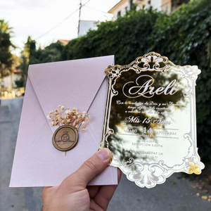 Invitaciones <span class=keywords><strong>de</strong></span> Quinceañera Personalizadas en Forma <span class=keywords><strong>de</strong></span> Corazón, Color Morado, con Espejo Dorado, Impresión Acrílica Blanca y Sobre - Product Image 2