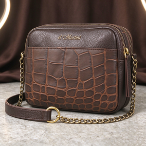 Bolso Bandolera de Cuero Genuino con Grabado de Cocodrilo, Correa de Cadena Dorada Vintage, Bolso de Hombro Casual para Mujer - Product Image 1
