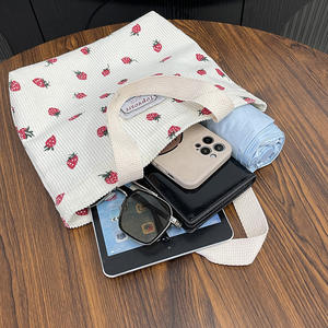 Topvostre Strawberry Print <b>Corduroy</b> Tote <b>Bag</b> White Horizontal Square Fashionable Design Everyday Use All Seasons - Product Image 3