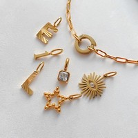 Bracelet chaîne trombone eManco en acier inoxydable avec lettres texturées EL, numéro 1, perle carrée en zircon, breloques étoile, soleil et œil