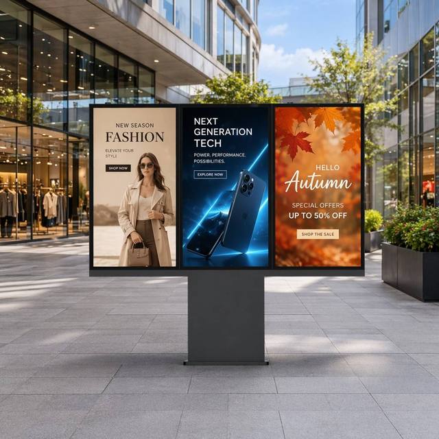 Outdoor Waterproof Triple Screen Digital Signage Totem Floor Standing Display High Brightness LCD Kiosk for Commercial Use