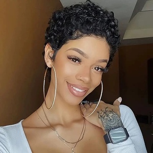 Pelucas de corte para mujeres negras, pelucas de pelo corto con flequillo, peluca rizada Afro, pelo corto en capas, Color negro Natural - Product Image 1