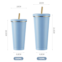 Gobelet isotherme à double paroi avec couvercle et paille, design personnalisé, 500 ml/750 ml, bord doré