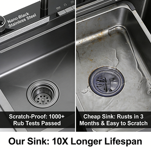 Fregadero de Cocina de Acero con Acabado Cromado Gunmetal, Diseño Moderno, Multifuncional, Doble Tazón, Grifo Cascada, Enjuagador de Tazas, para Hogar y Hotel - Product Image 3