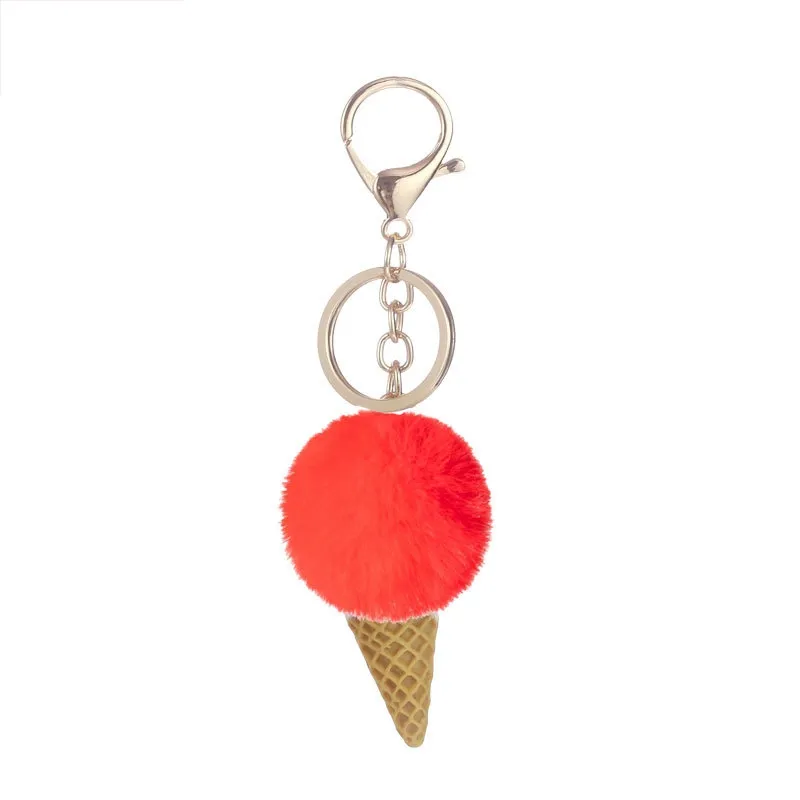 Fashion Cute Mini Ice Cream Plush Ball Pendant Key Ring Fluffy Pom Pom Stuffed Plush Keychain for Girls