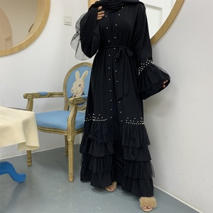 1828# Muslim Women Favorite Dark Black Abaya Kimono Beading Pearls Cake Bottom Mesh Design Black Cardigan Abayas Modest Clothing - Product Image 4