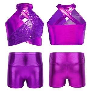 Girls Two Piece Dance Outfit Halter <b>Crop</b> <b>Top</b> <b>Sequin</b> Metallic Crisscross High Waist Shorts Sets Cheer Gymnastics Costume Custom - Product Image 4