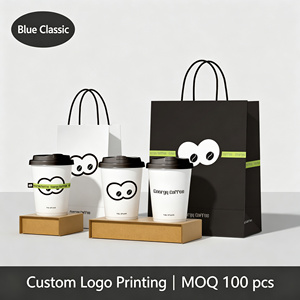 Sacs de shopping en papier kraft noir et blanc de luxe avec poignées, impression de logo personnalisée, pour les cafés, l'emballage alimentaire - Product Image 1