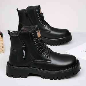 Bottes Martin pour hommes, à bout rond, en cuir, avec doublure en polaire, semelle en caoutchouc, fermeture éclair, style rétro d'hiver - Product Image 4