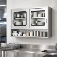 Armoire de rangement murale moderne en acier inoxydable à deux niveaux avec portes transparentes pour restaurant, traiteur, cuisine